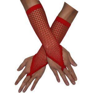 Women's Red Finger Loop Stretchy Fishnet Satin Long Gloves Wedding Party Cosplay